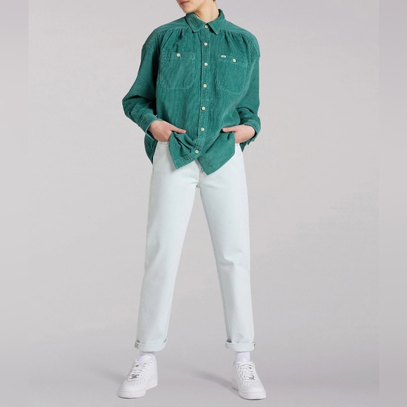 NWT Lee Monaco Green Corduroy Frontier Femme Shirred Button Up Shirt M - Picture 7 of 7